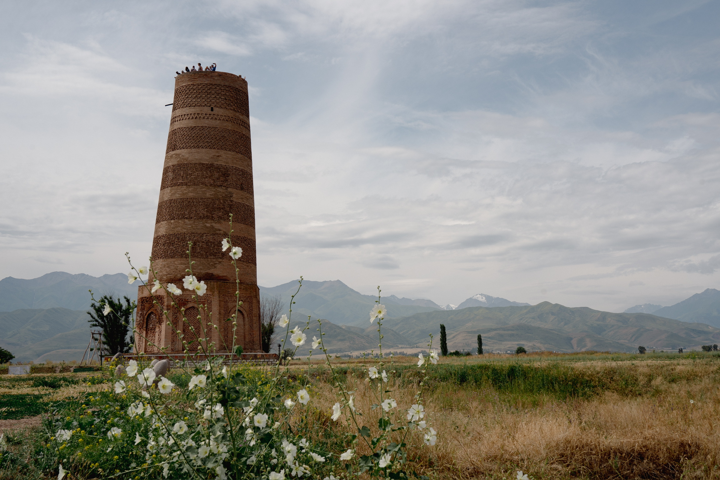 Alte Backsteinturmruine im Feld vor Bergkulisse.